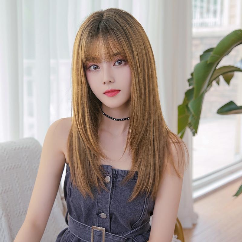 Sleek Long Hair Wig Set With Air Bangs In Honey Tea Colour