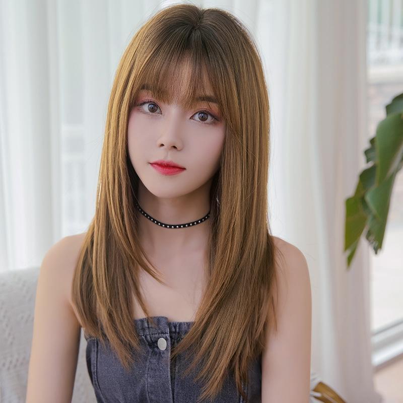 Sleek Long Hair Wig Set With Air Bangs In Honey Tea Colour