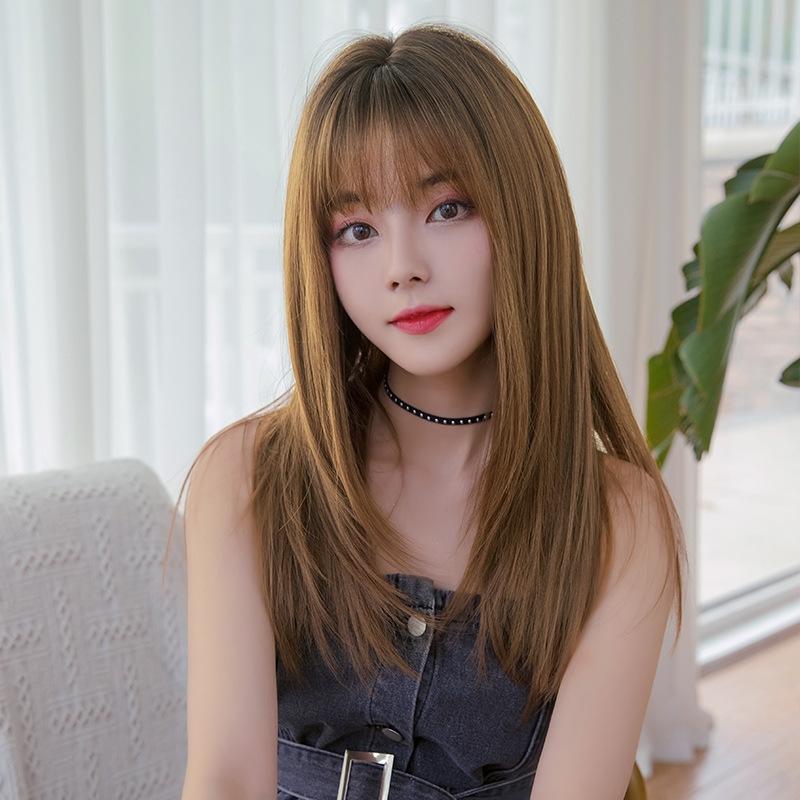 Sleek Long Hair Wig Set With Air Bangs In Honey Tea Colour