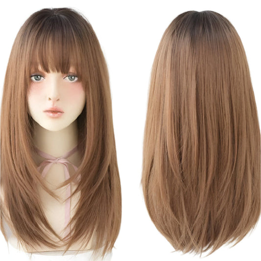 Sleek Long Hair Wig Set With Air Bangs In Honey Tea Colour