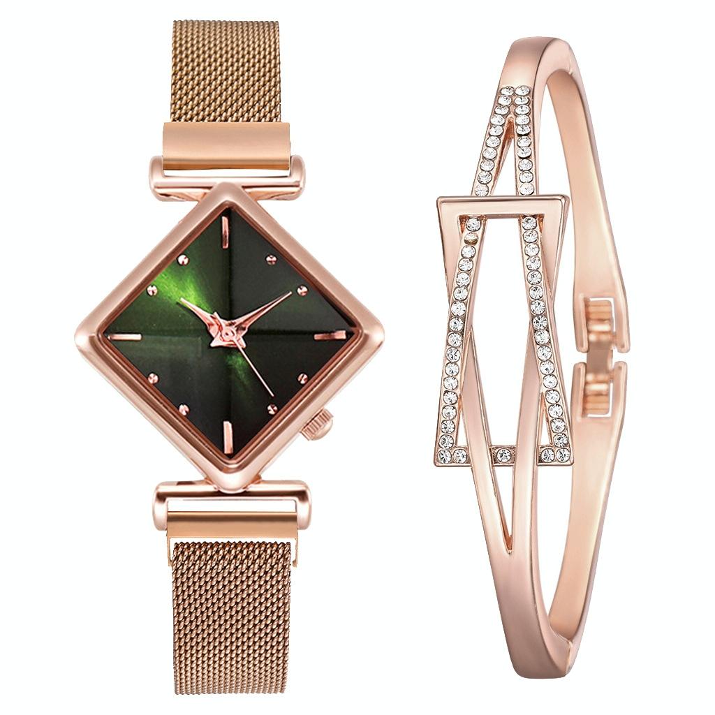 Veile Studios Rose Gold Diamond Dial Quartz Watch With Green Bracelet For Women