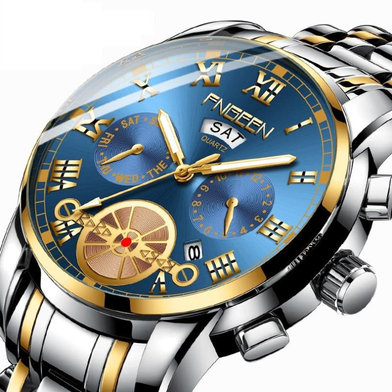 Veile Studios Serrano Au Gold Blue Multi Function Men's Quartz Watch With Stylish Design And Durability