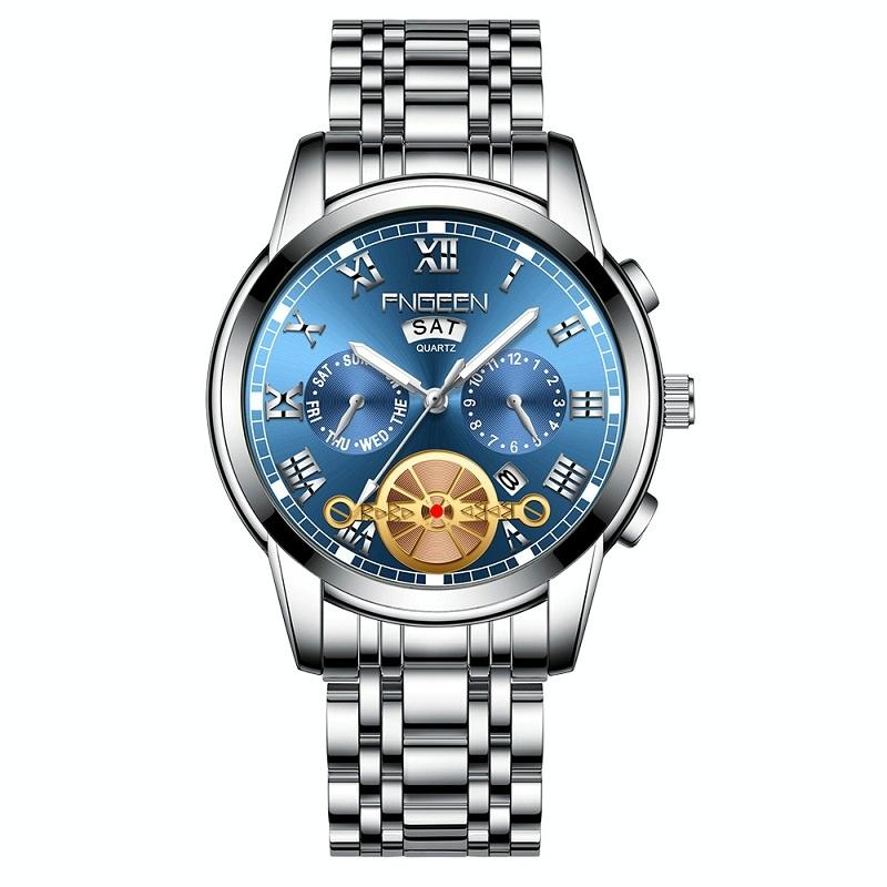 Veile Studios Men's Multi Function Quartz Watch With Blue Dial And White Steel Band Elegant Design