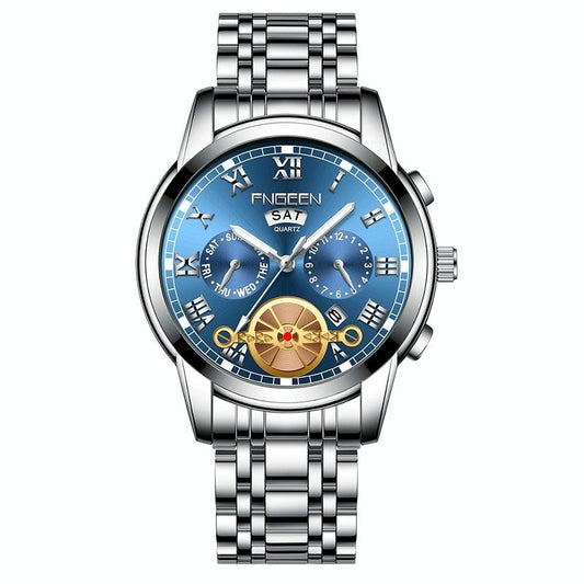 Veile Studios Men's Multi Function Quartz Watch With Blue Dial And White Steel Band Elegant Design