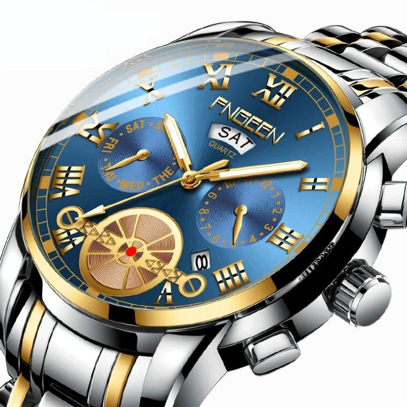 Veile Studios Men's Multi Function Quartz Watch With Blue Dial And White Steel Band Elegant Design