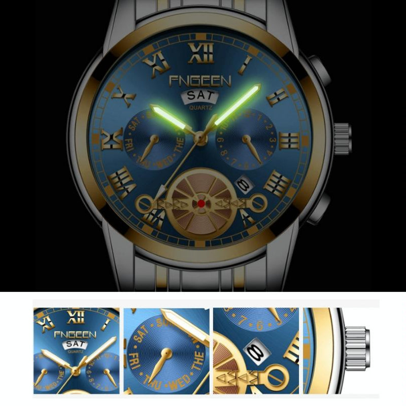 Veile Studios Men's Multi Function Quartz Watch With Blue Dial And White Steel Band Elegant Design