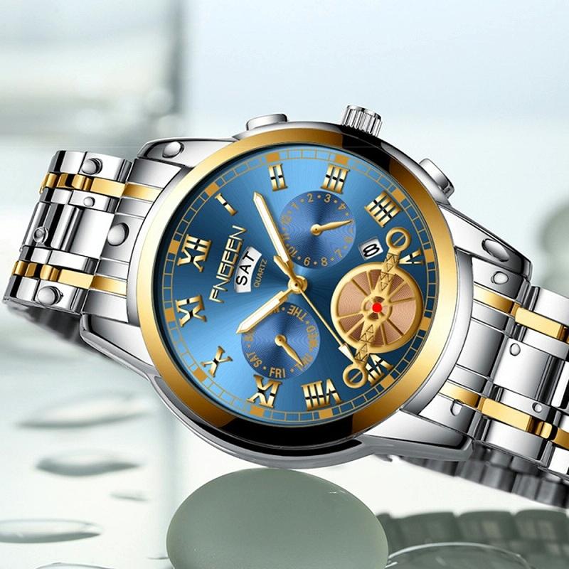 Veile Studios Men's Multi Function Quartz Watch With Blue Dial And White Steel Band Elegant Design
