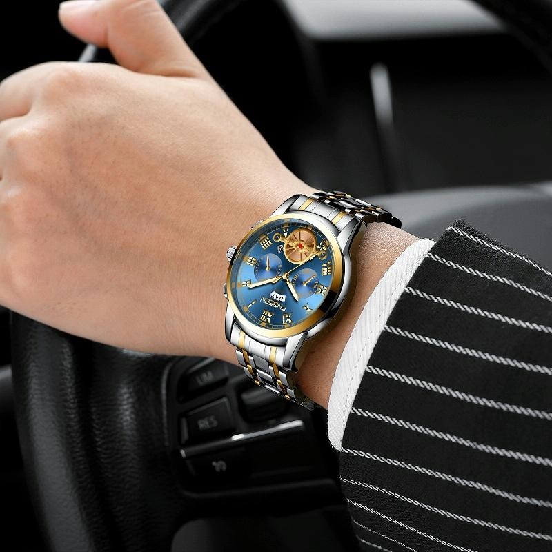 Veile Studios Men's Multi Function Quartz Watch With Blue Dial And White Steel Band Elegant Design