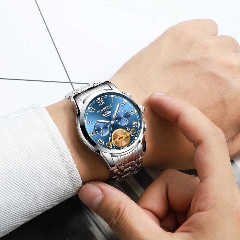 Veile Studios Men's Multi Function Quartz Watch With Blue Dial And White Steel Band Elegant Design