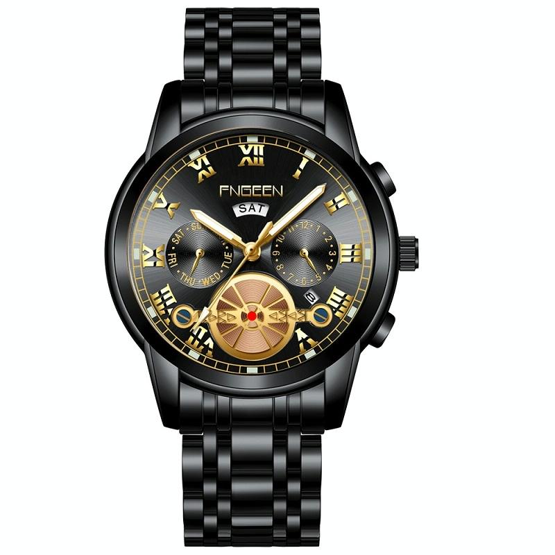 Veile Studios Men Multi Function Quartz Watch With Black Steel And Gold Accents