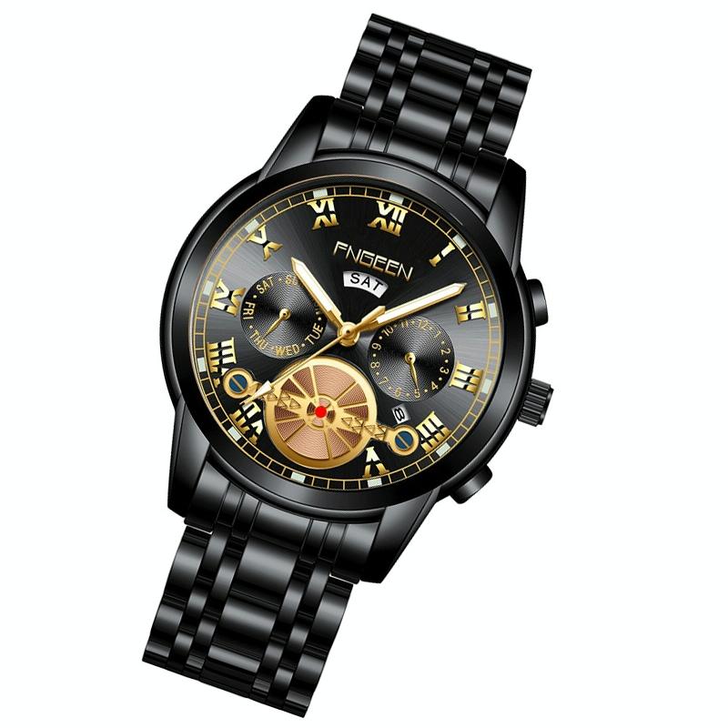 Veile Studios Men Multi Function Quartz Watch With Black Steel And Gold Accents