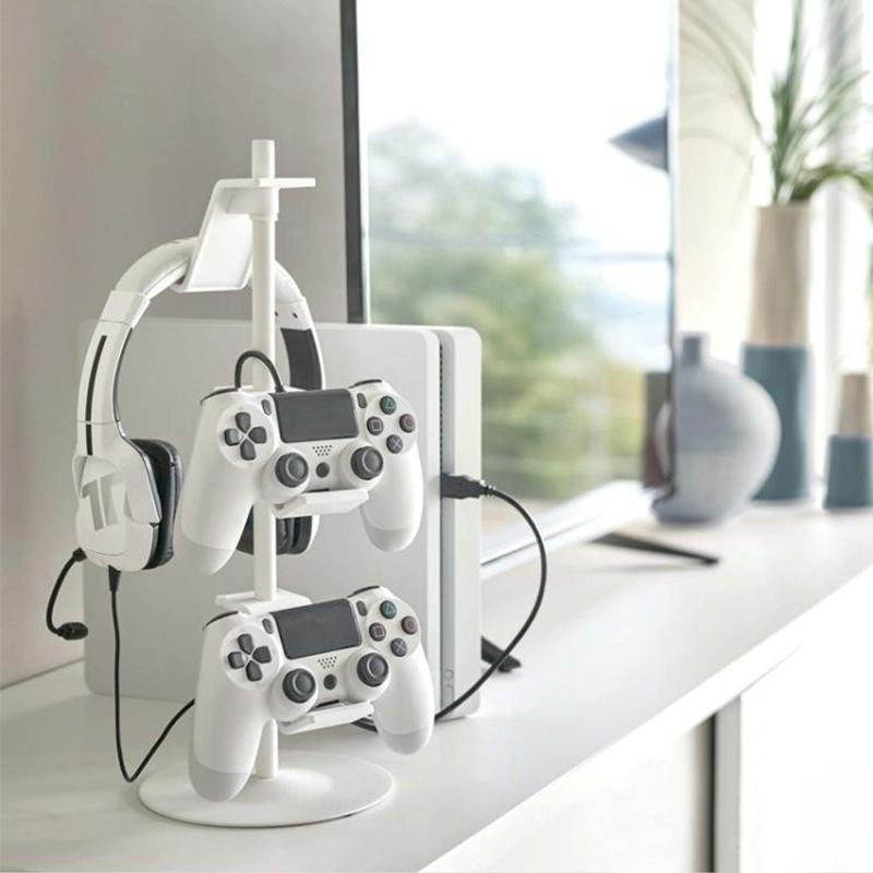 Three Tier Desktop Gamepad And Headphone Storage Rack In White