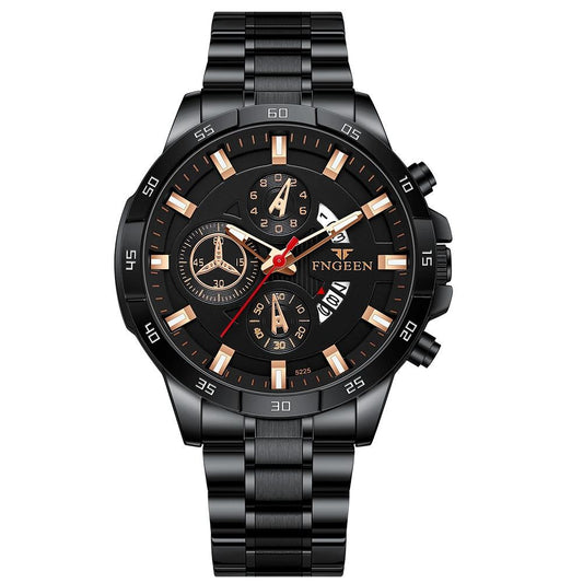 Waterproof Quartz Wristwatch With Black Steel Case And Dial
