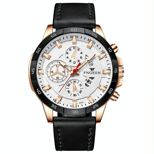 Waterproof Quartz Watch With Black Leather Strap And Rose Shell Design