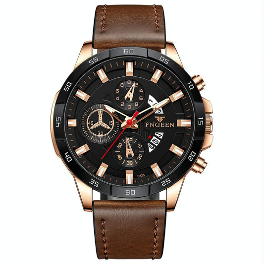 Waterproof Quartz Wristwatch With Brown Leather Strap And Rose Shell Design