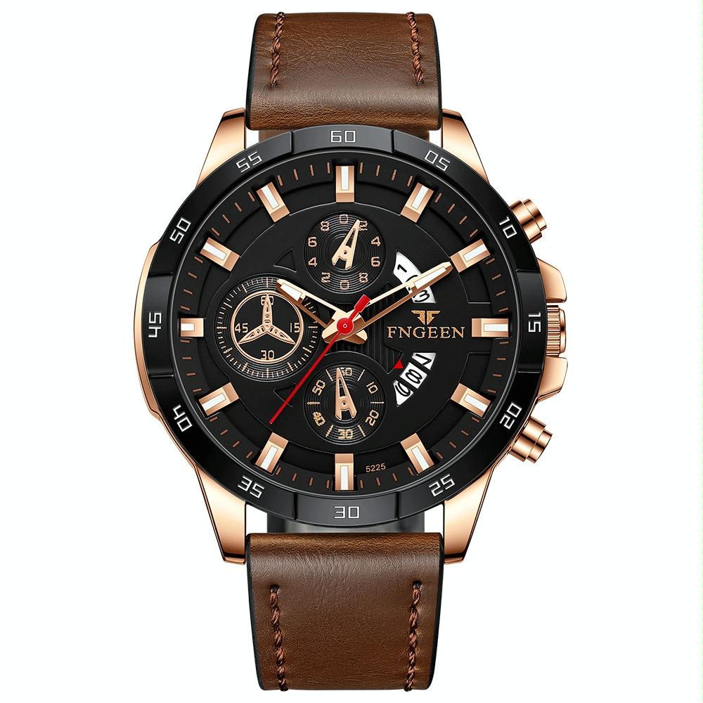 Waterproof Quartz Wristwatch With Brown Leather Strap And Rose Shell Design