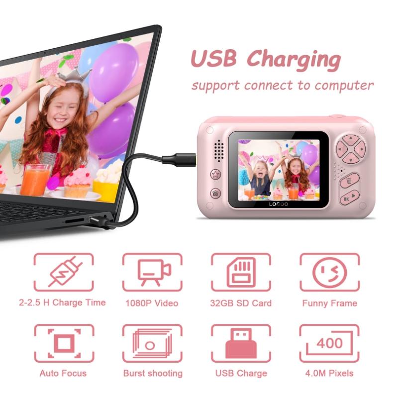 Reversible Hd Children's Camera With Bracket 2.4 Inch Pink