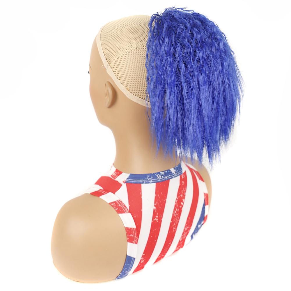 Short Blue Curly Ponytail Wig With Drawstring Hair Extension For Styling