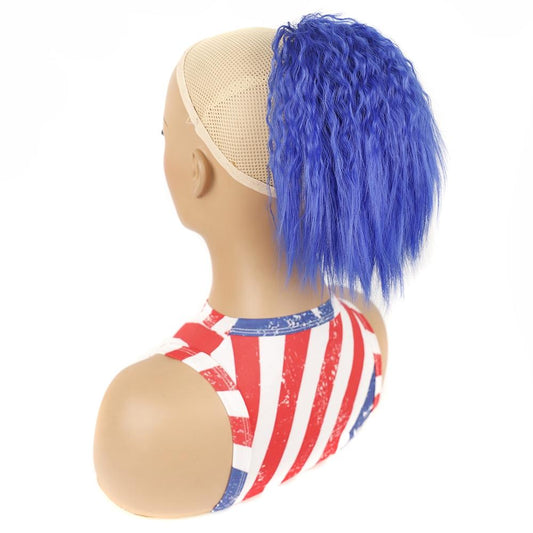 Short Blue Curly Ponytail Wig With Drawstring Hair Extension For Styling