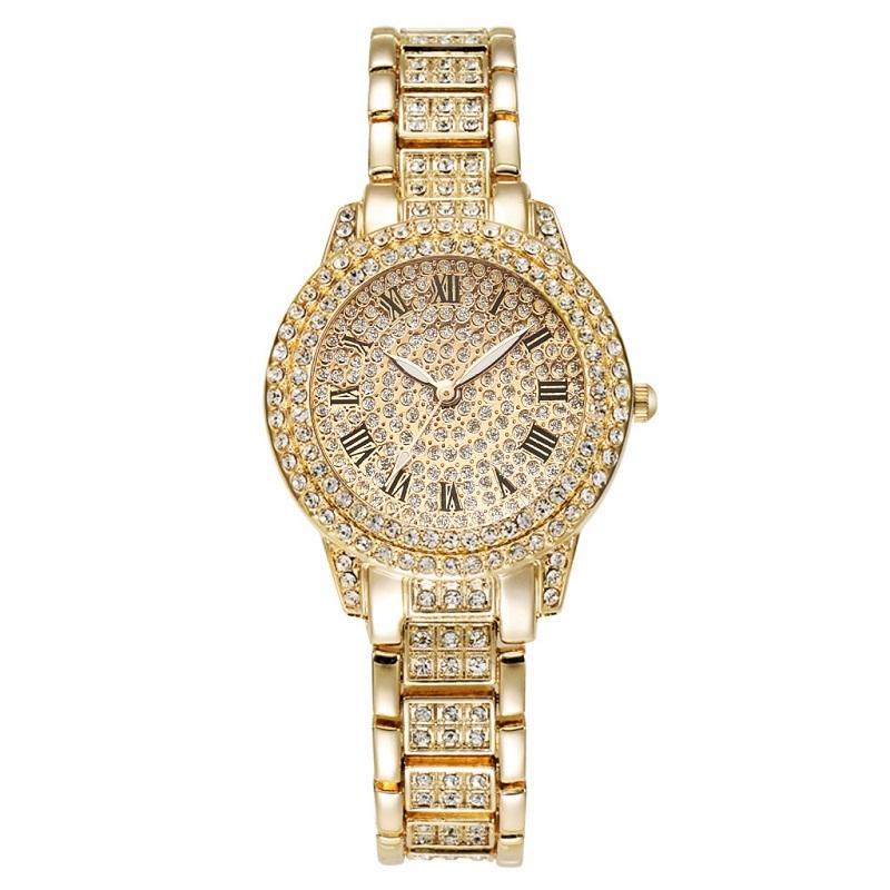 Veile Studios Gold Full Diamond Roman Steel Strap Quartz Watch With Casual Design