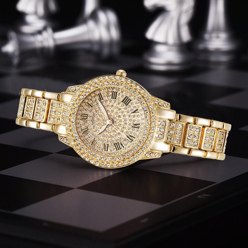 Veile Studios Gold Full Diamond Roman Steel Strap Quartz Watch With Casual Design