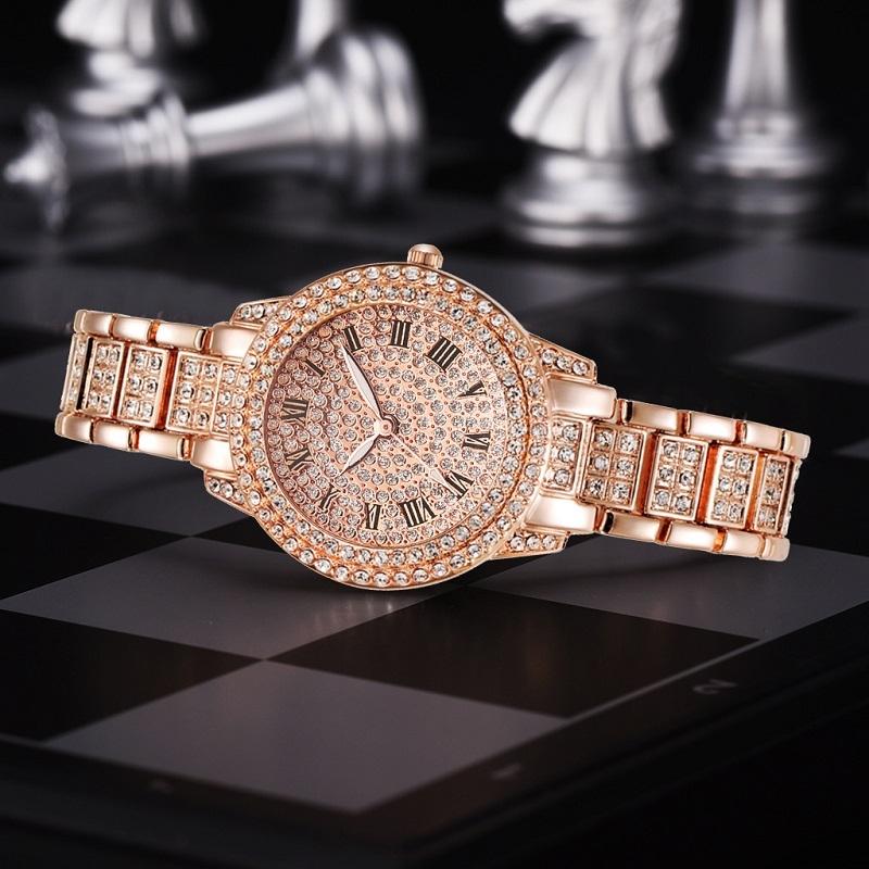 Rose Gold Full Diamond Roman Steel Strap Quartz Watch