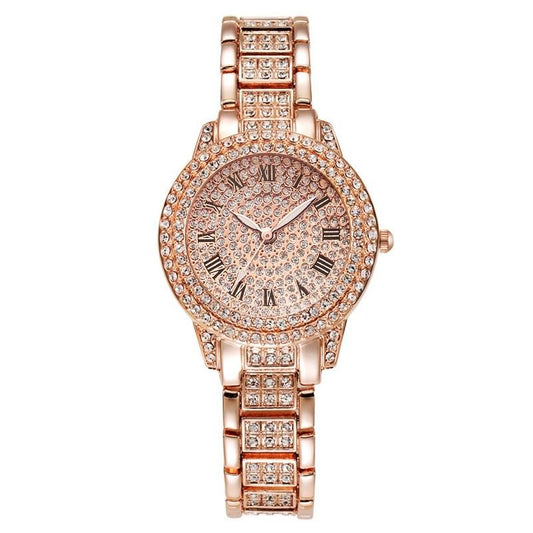 Rose Gold Full Diamond Roman Steel Strap Quartz Watch