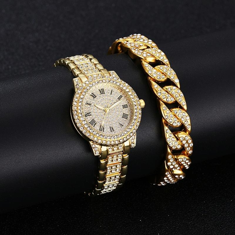 Veile Studios Gold Alloy Steel Strap Quartz Wristwatch With Full Diamond Roman Numerals Bracelet