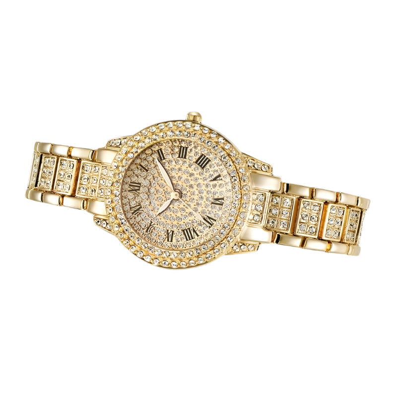Veile Studios Gold Alloy Steel Strap Quartz Wristwatch With Full Diamond Roman Numerals Bracelet