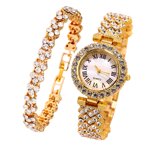 Veile Studios Gold Roman Diamond Watch & Bracelet Set For Women