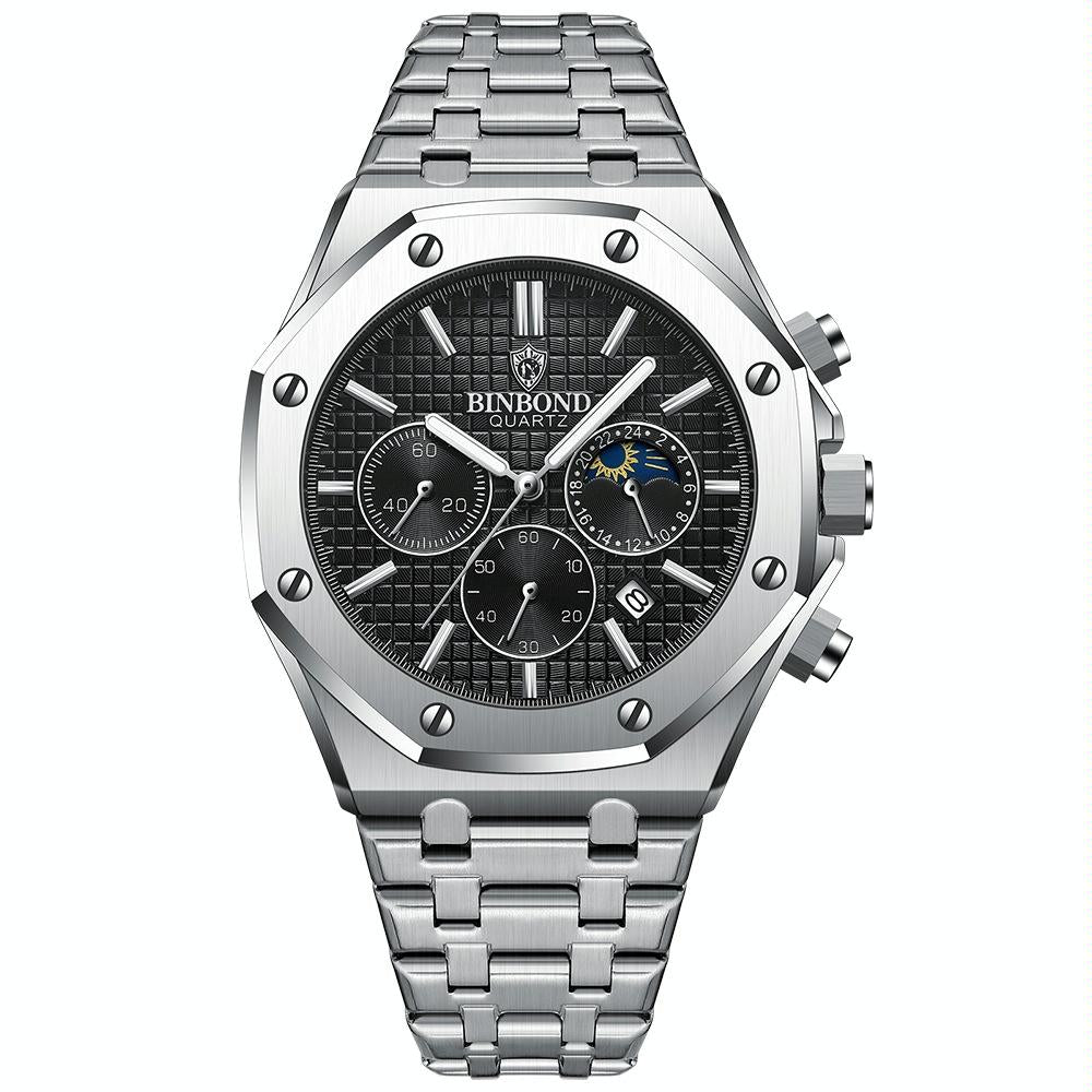 Waterproof Multifunctional Quartz Watch With Luminous Display In White Steel And Black