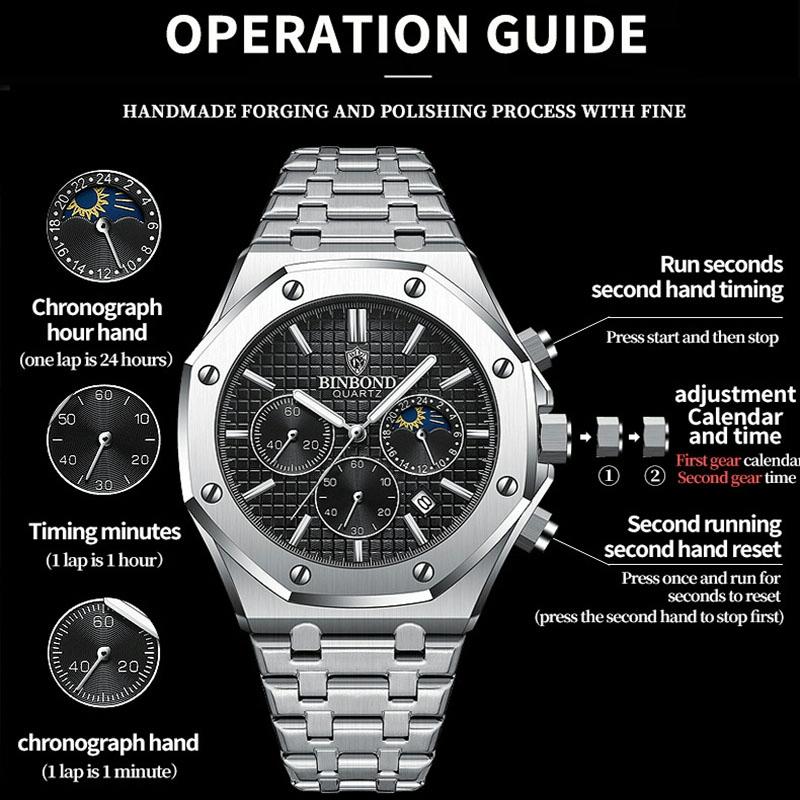 Waterproof Multifunctional Quartz Watch With Luminous Display In White Steel And Black