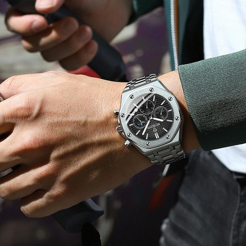 Waterproof Multifunctional Quartz Watch With Luminous Display In White Steel And Black