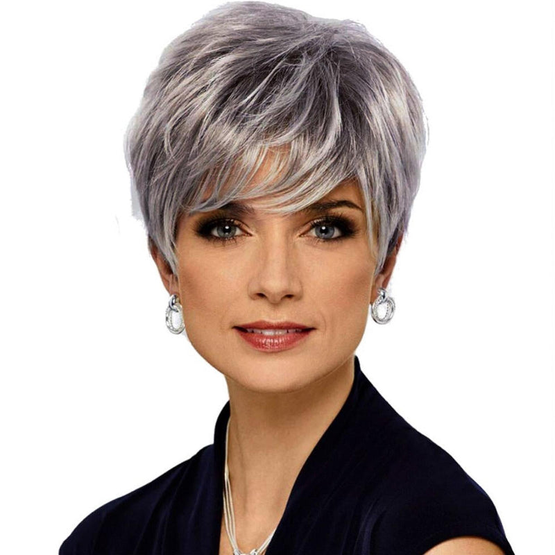 Short Straight Hair Wig High Temperature Silk Fibre Silver Grey