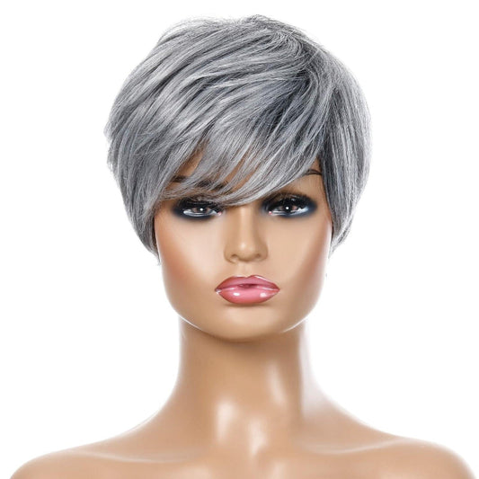 Short Straight Hair Wig High Temperature Silk Fibre Silver Grey