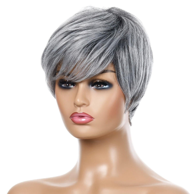 Short Straight Hair Wig High Temperature Silk Fibre Silver Grey