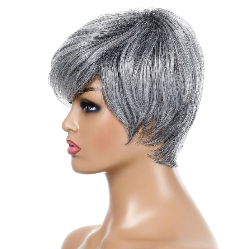 Short Straight Hair Wig High Temperature Silk Fibre Silver Grey