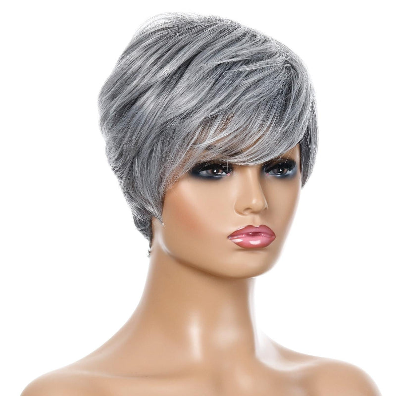 Short Straight Hair Wig High Temperature Silk Fibre Silver Grey