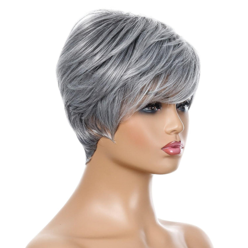 Short Straight Hair Wig High Temperature Silk Fibre Silver Grey