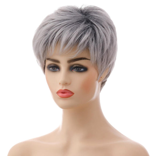Short Straight Hair Wig High Temp Fiber In Silver Gray For Stylish Look