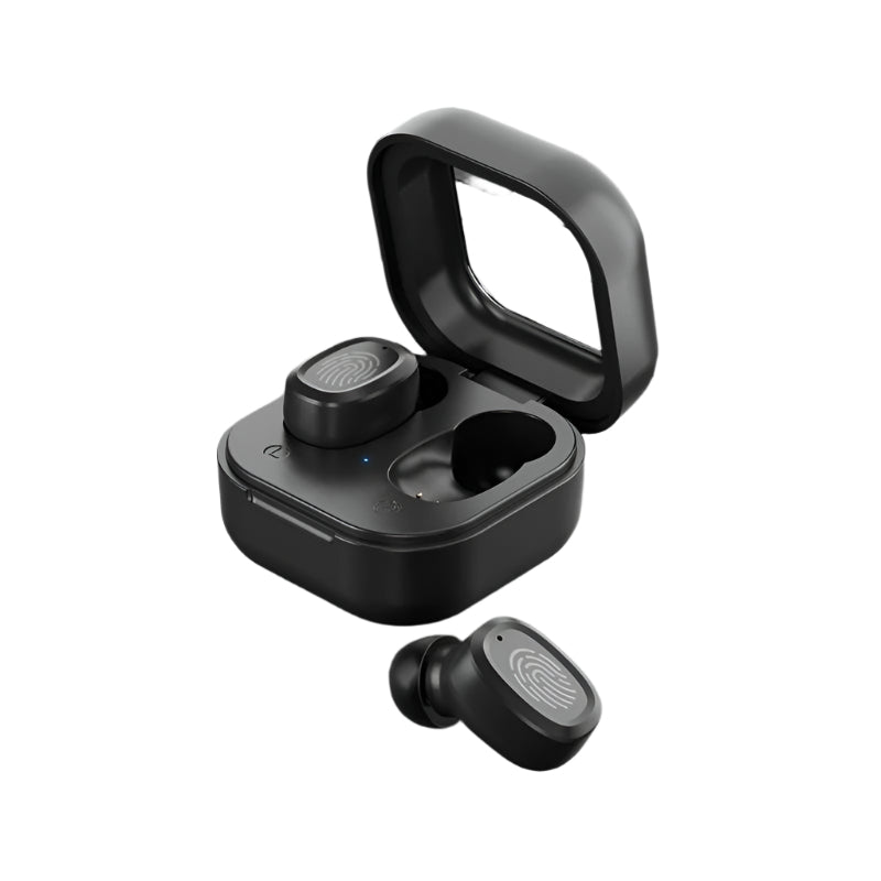 Black Wireless Earphones With Charging Case Compact Design And Bluetooth Connectivity
