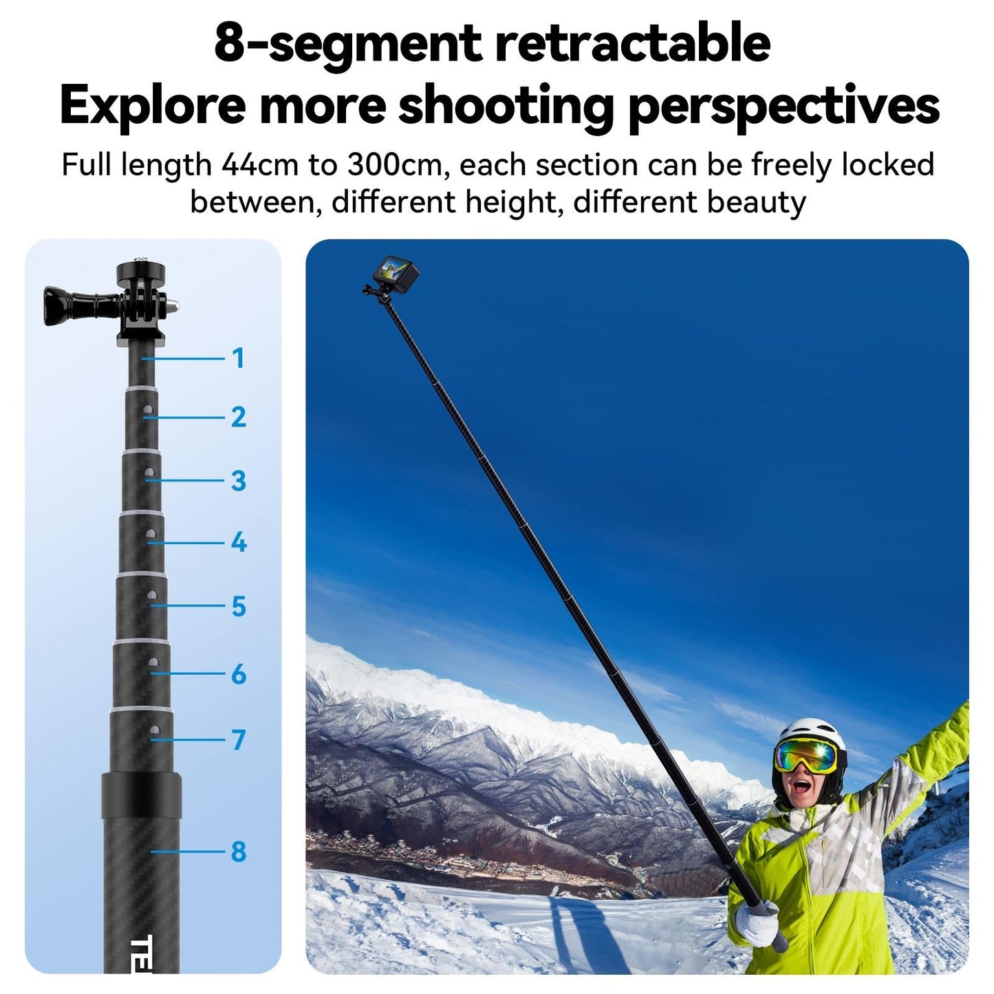 3 Metre Carbon Fibre Selfie Stick Monopod For Action Cameras With 1/4 Screw