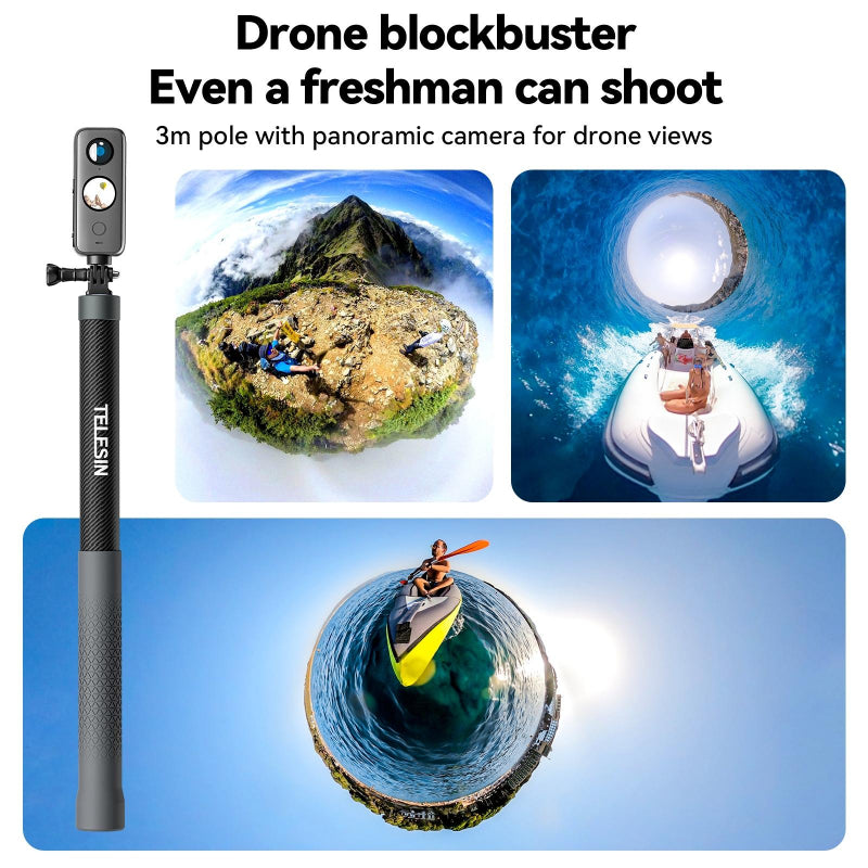 3 Metre Carbon Fibre Selfie Stick Monopod For Action Cameras With 1/4 Screw