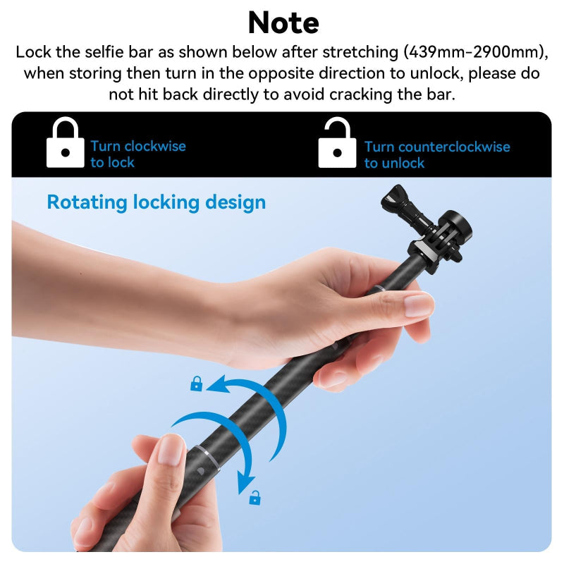 3 Metre Carbon Fibre Selfie Stick Monopod For Action Cameras With 1/4 Screw