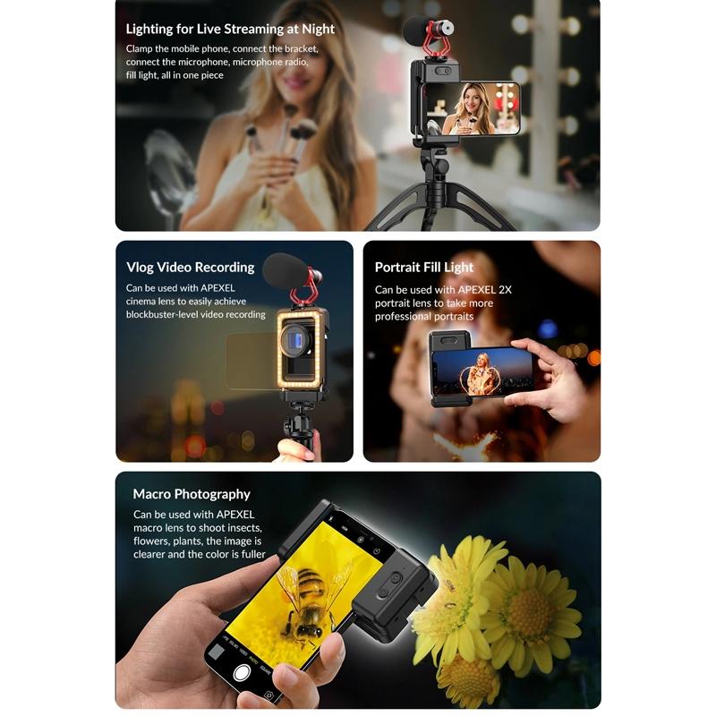 Universal Mobile Phone Clip With Multifunctional Fill Light And Thread Interface