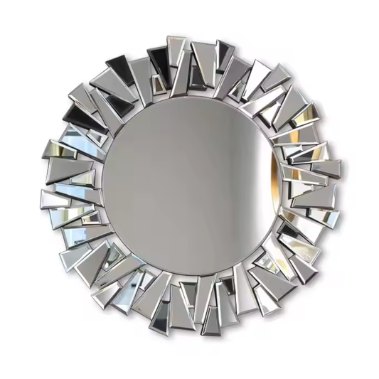Unique Sunburst Decorative Wall Mounted Beveled Glass Accent Mirror Round 80Cm Silver