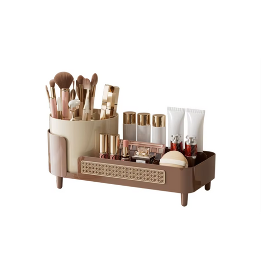 Elosung Brown Cosmetic Organizer Rotating Desktop Makeup Brush Holder With Large Capacity Storage