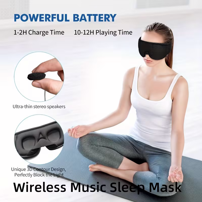3D Wireless Sleep Mask Bluetooth Headphones Travel Aid Soft Ear Pads Black