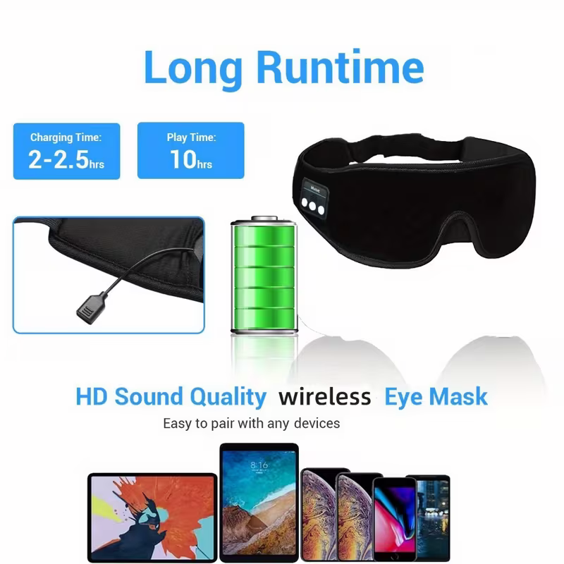 3D Wireless Sleep Mask Bluetooth Headphones Travel Aid Soft Ear Pads Black