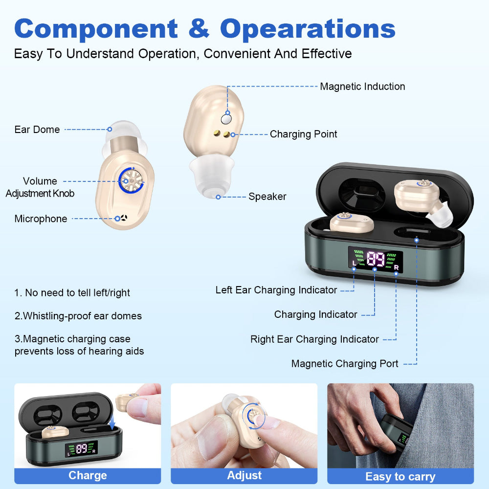 Rechargeable In The Ear Hearing Aids With Charging Case And Lcd Display Ultra Compact Sound Amplifier For Seniors Black